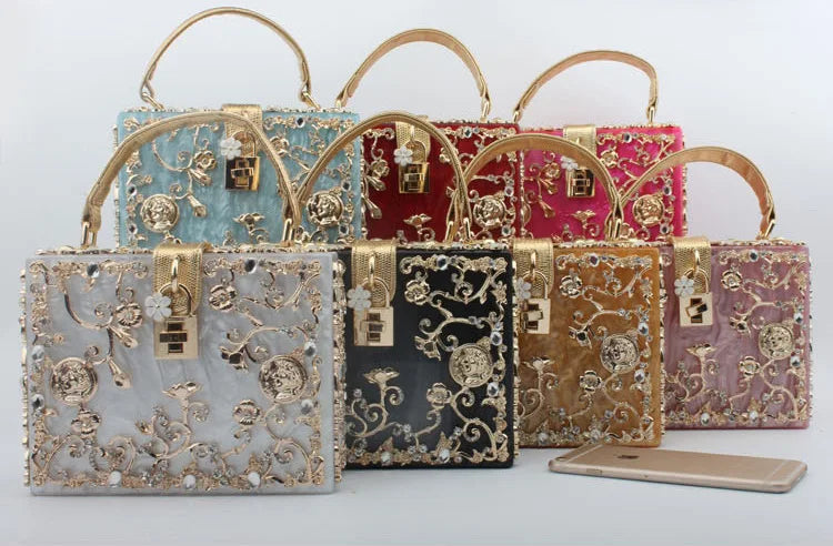 Designer Box Evening Bag | Luxury Diamond Flower Acrylic Clutch | Hollow Relief Banquet Party Purse with Organic Cotton Lining Luxegan