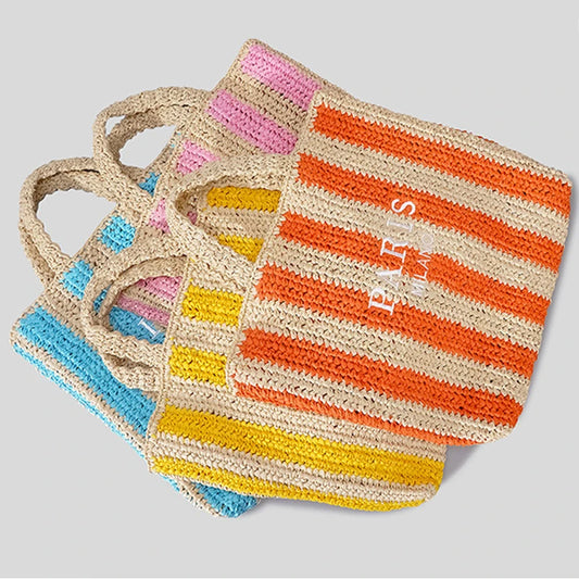 Striped Straw Tote Bag | Casual Woven Beach & Travel Purse Luxegan