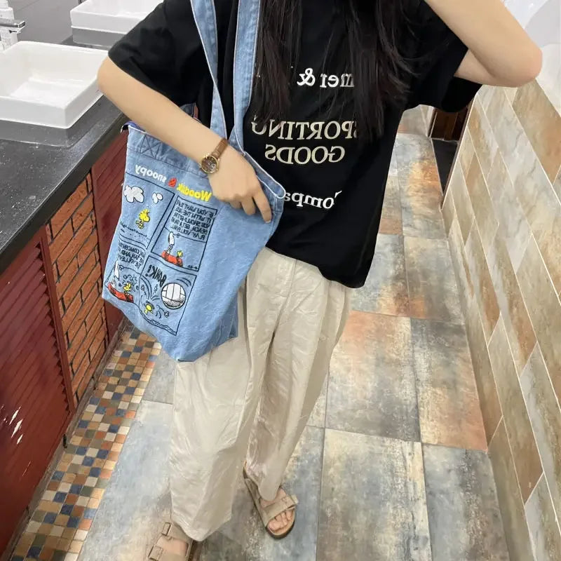 New Japanese Fashion Snoopy Embroidered Denim Shoulder Bag | Retro All-match Large Capacity Portable Crossbody Tote (Unisex) Luxegan