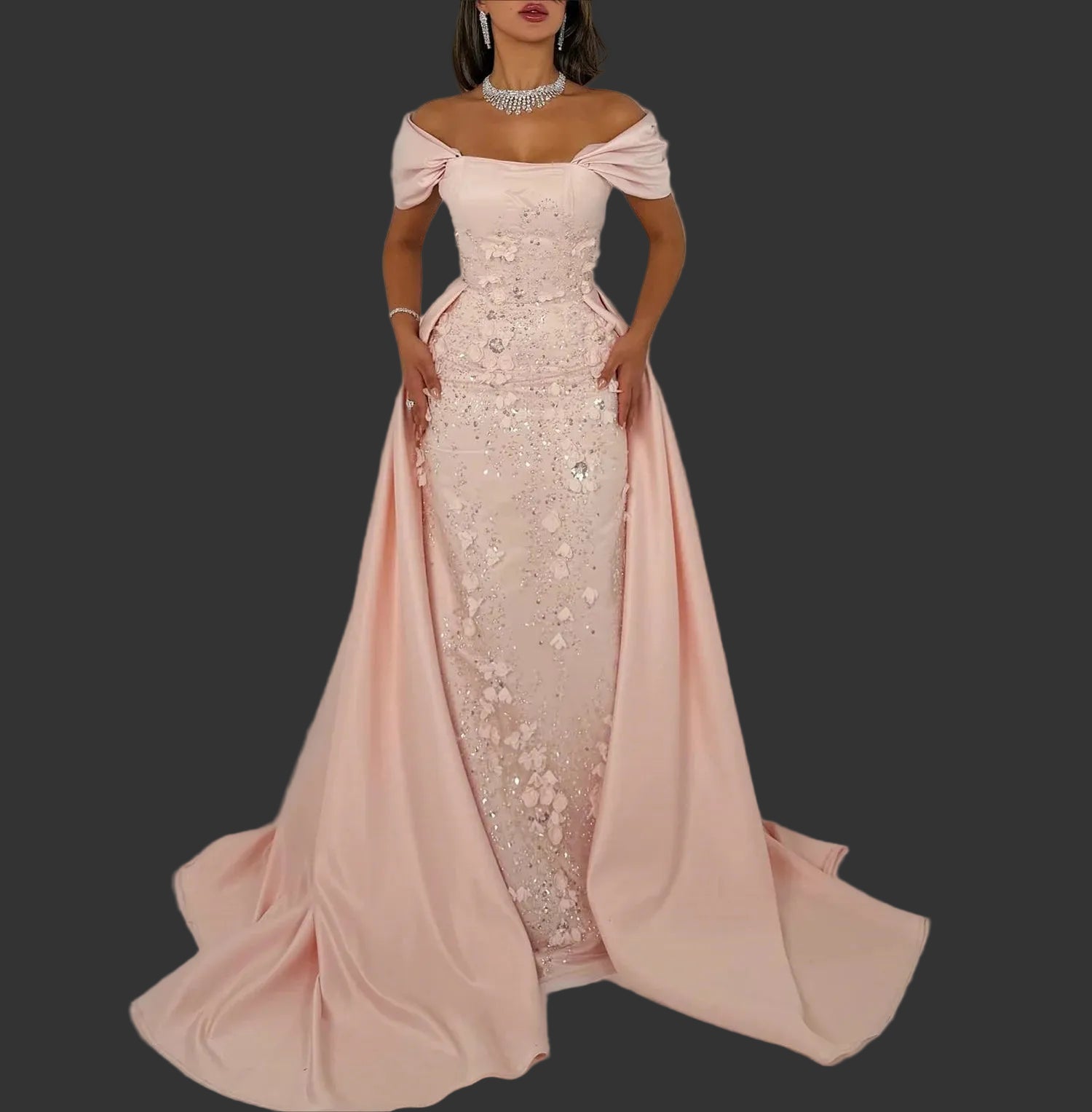 Elegant Pink Off-the-Shoulder Evening Dress | Luxury 3D Flowers Satin Prom Dress | Premium Mermaid Floor-Length Wedding Guest Dress | Classic Strapless Built-In Bra Special Occasion Gown Luxegan