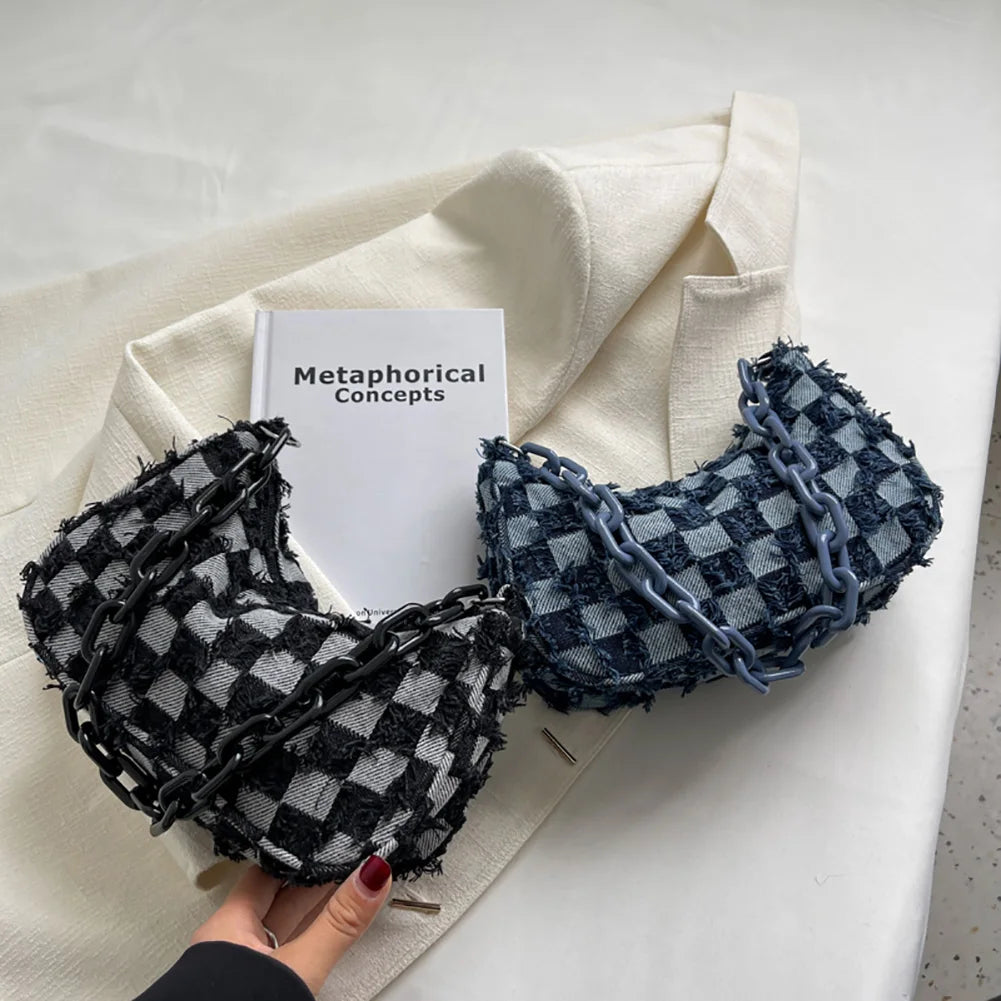 Vintage Women's Casual Shoulder & Underarm Bag | Plaid Pattern Denim Small Purse (Ladies Chain Leisure Handbag, Hobo Style) Luxegan