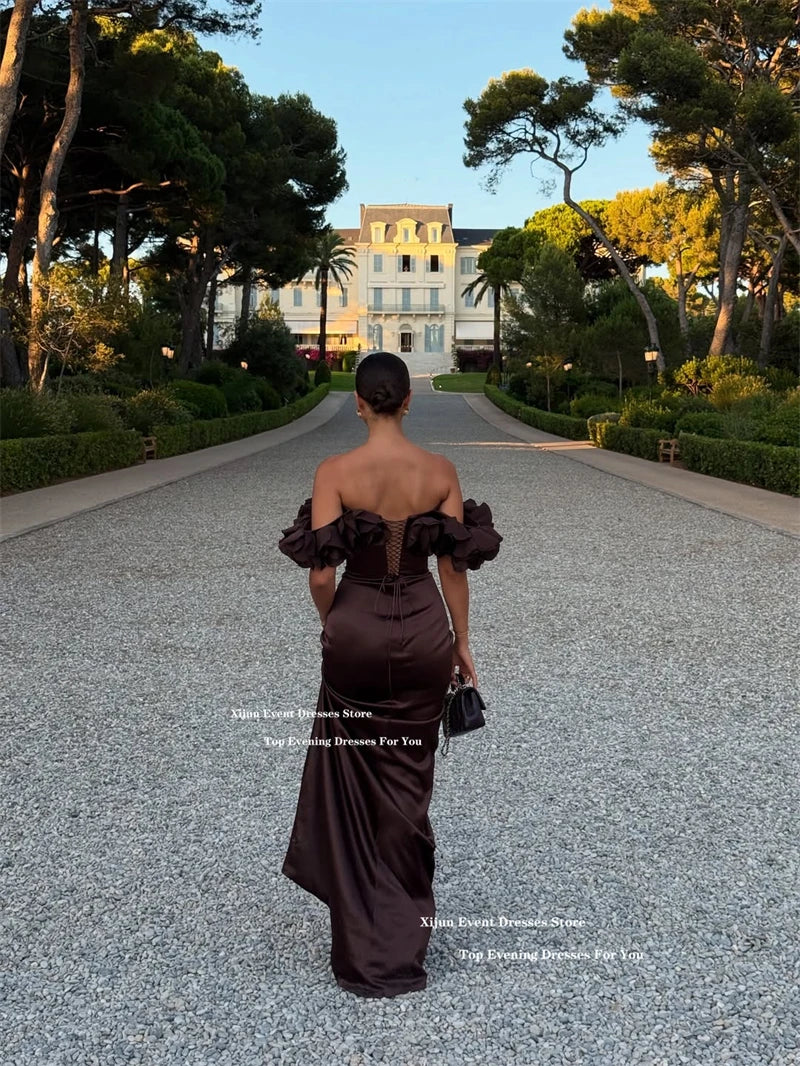 Sexy Saudi Arabian Satin Mermaid Evening Dress | Luxurious Off-The-Shoulder 3D Floral Prom Gown | Exquisite Draped Floor-Length Vestido De Festa | Model ch2507146 Custom Plus Size Formal Dress with Sweep Train Luxegan