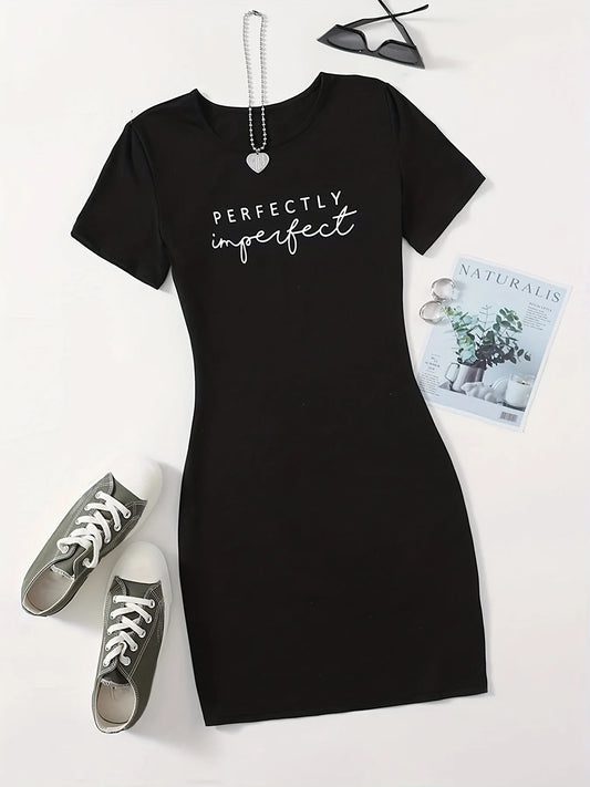 Summer "PERFECTLY" Print T-Shirt Dress | Sexy Club Short Sleeve Round Neck Mini Dress | Casual Letter Print Medium Stretch Slim Fit Sheath Luxegan