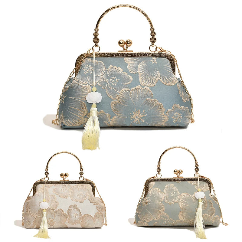 Chinese Style Embroidered Shoulder Bag | Sophisticated Retro Small Square Handbag | Elegant Wedding & Party Evening Clutch | "Dignified" Shell-Shaped Luxury Designer Bag for Formal Styling Luxegan