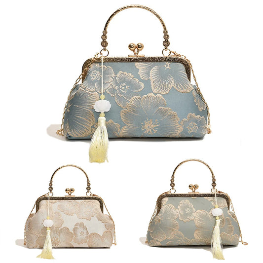 Chinese Style Embroidered Shoulder Bag | Sophisticated Retro Small Square Handbag | Elegant Wedding & Party Evening Clutch | "Dignified" Shell-Shaped Luxury Designer Bag for Formal Styling Luxegan