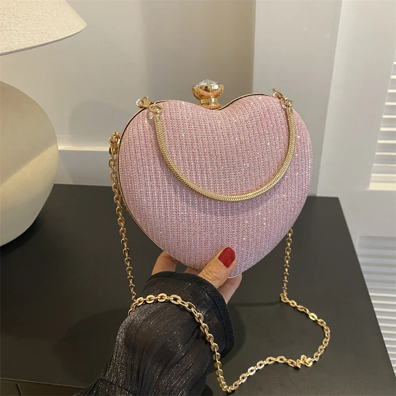 Shiny Heart Shape Metal Evening Clutch Bag for Women | Fashion Chain Shoulder Crossbody Bag (Luxury Lady Purse) Luxegan