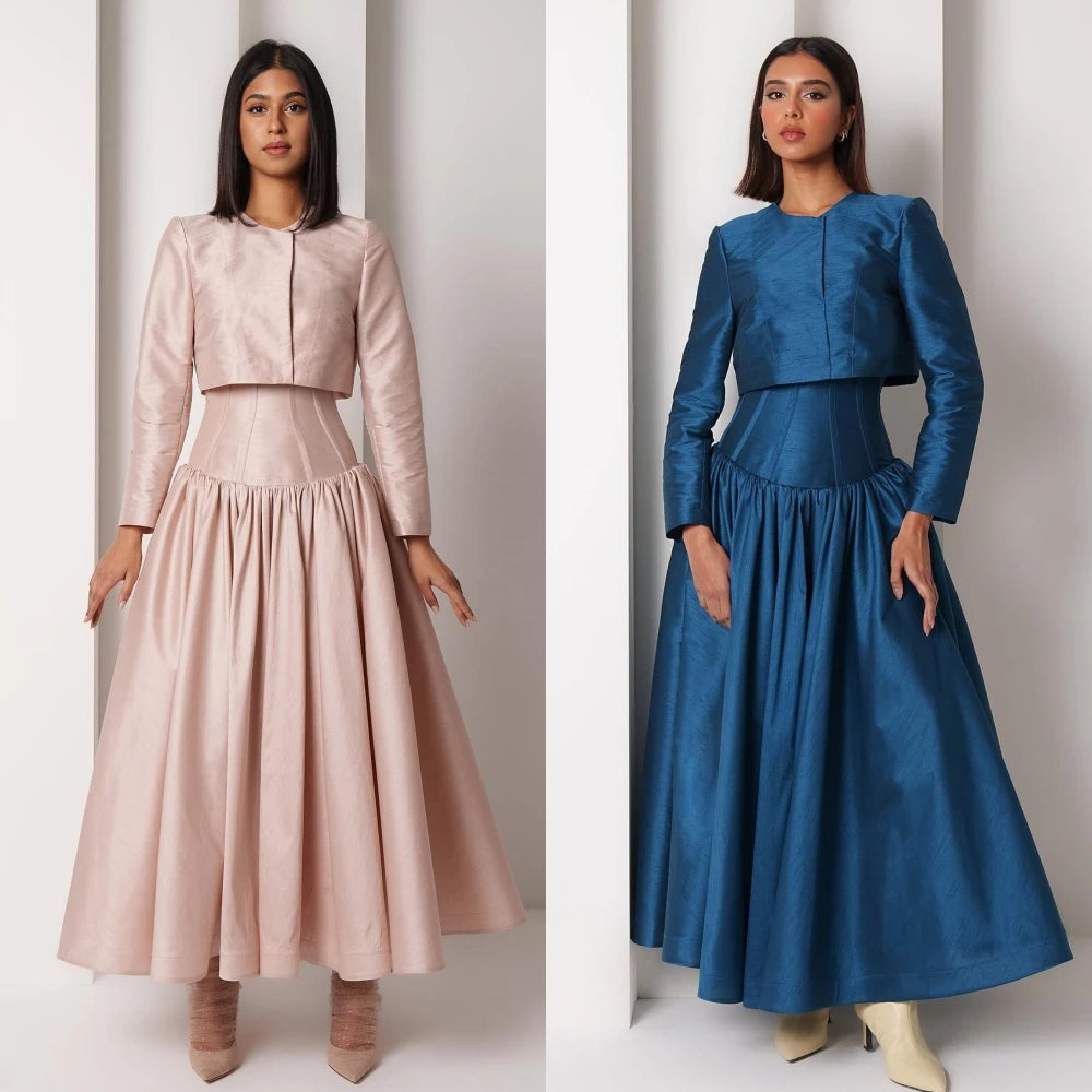 Draped Satin A-Line Engagement Dress | Bespoke Occasion Ankle-Length Gown | Modern Full-Sleeve O-Neck Non-Spot Evening Dress Luxegan