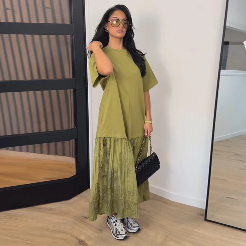 Solid O-Neck Full-Length Flare Sleeve Loose Fit Floor-Length Dress – Natural Waist, All Season | Multi-Style Luxegan