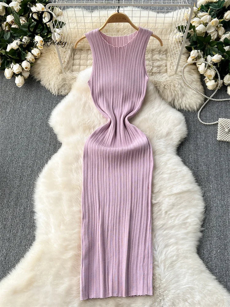 Women's Solid O-Neck Sleeveless Knit Dress | Elegant Pleated Draped Mid-Calf Gown | Slight-Stretch Slim-Fit Office Lady Retro Bodycon Dress Luxegan