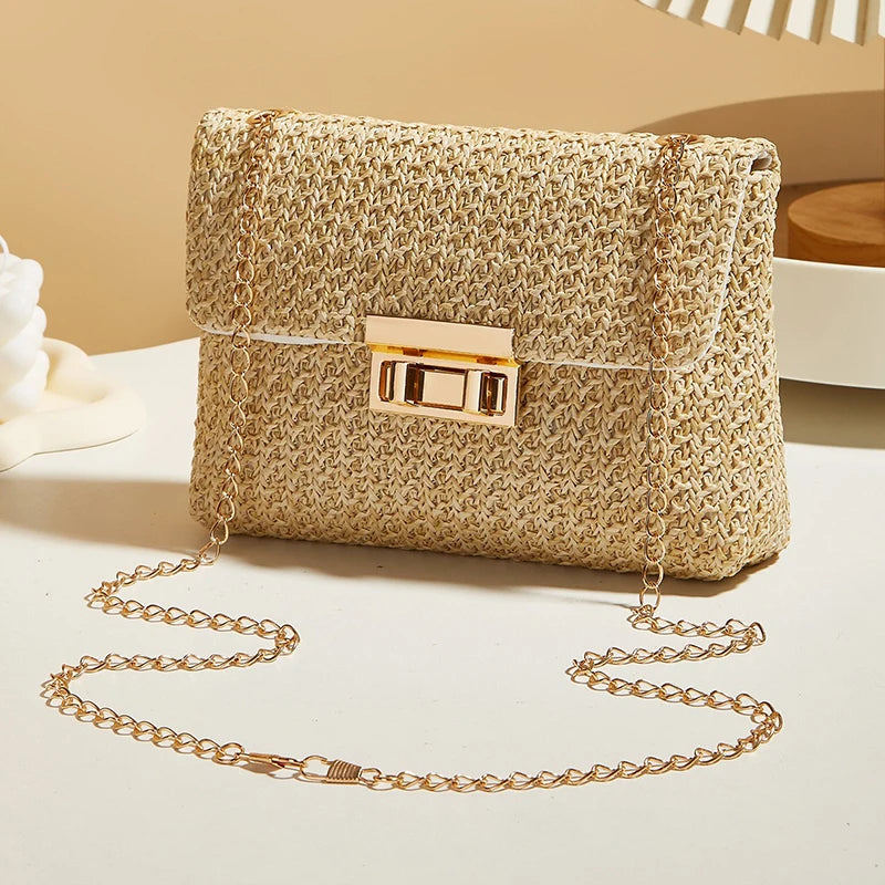 Fashion Crossbody Bags for Women | Simple Straw Shoulder Bag & Women's Lock Closure Bag (Small Square Purse Summer Money Bag) Luxegan