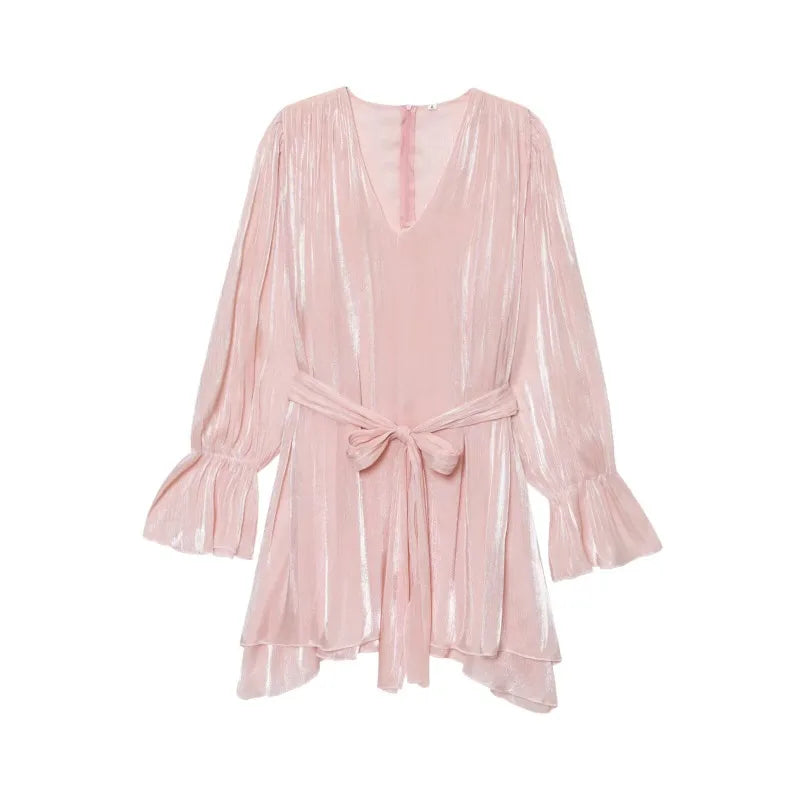 Solid V-Neck Butterfly Sleeve Sash Loose Fit Straight Midi Dress – Loose Waist, Knit Polyester, Spring/Summer Luxegan