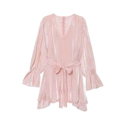 Solid V-Neck Butterfly Sleeve Sash Loose Fit Straight Midi Dress – Loose Waist, Knit Polyester, Spring/Summer Luxegan