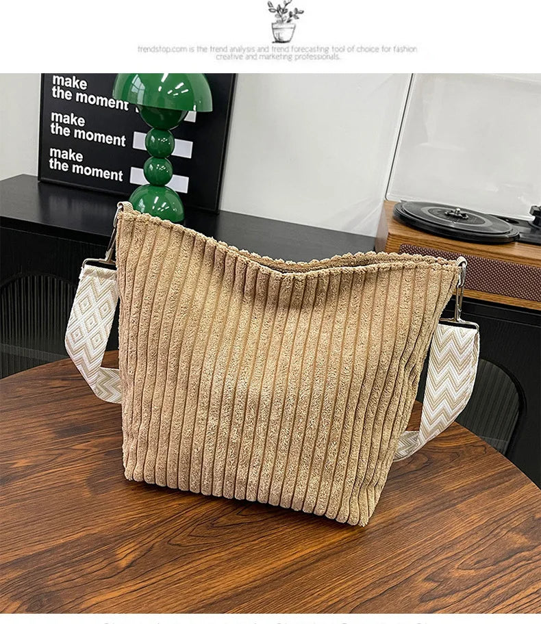 Solid Color Corduroy Messenger Bag | Casual Chic Women’s Bucket Bag | Versatile Crossbody & - view 10