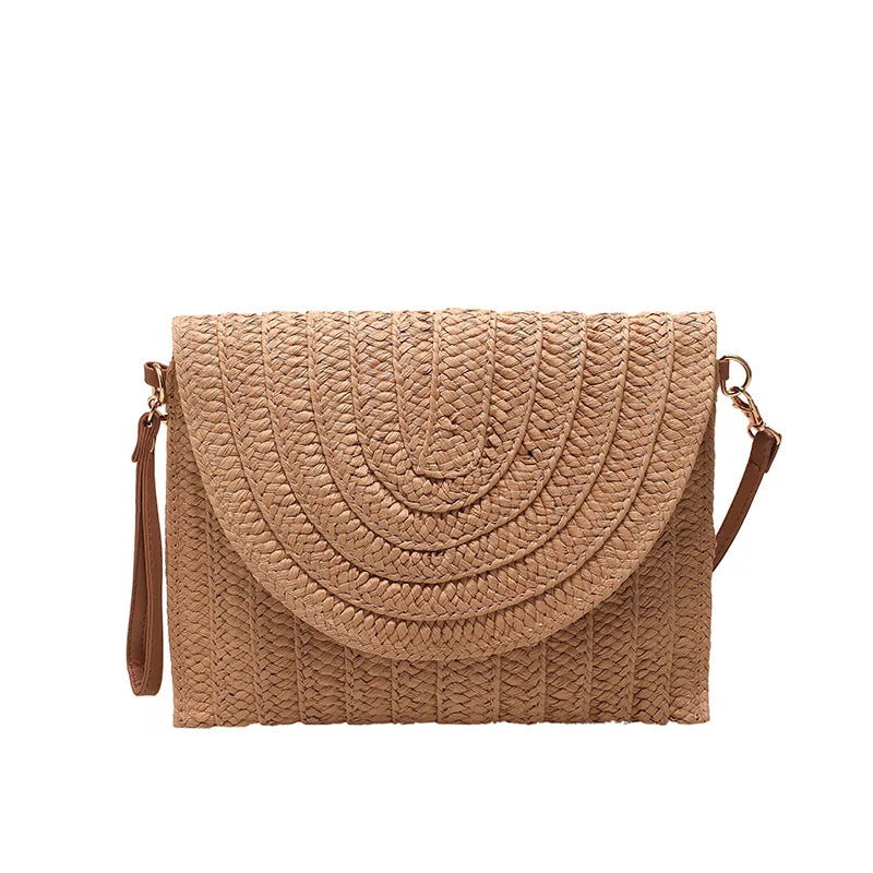 Handmade Woven Straw Envelope Clutch | Sophisticated Fur-Accent Shoulder Bag | Elegant Summer Crossbody Purse | "Dignified" Soft Beach Handbag for Versatile Vacation Styling Luxegan
