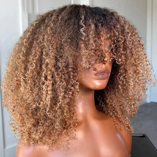 Blonde Afro Kinky Curly Human Hair Bob Wig with Bangs - Full Machine-Made Glueless Short Bob Wig - 100% Brazilian Remy Human Hair Honey Ombre Blonde Fringe Wig for Women Luxegan