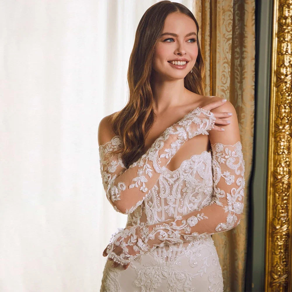 Sexy Mermaid Strapless Wedding Dress | Exquisite Sheer Full-Sleeve Applique Bridal Gown | Low-Back Lace Floor-Length Dress with Court Train Luxegan