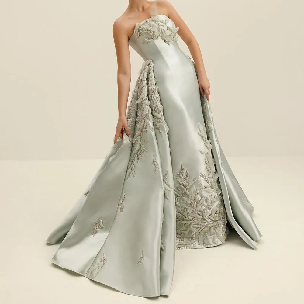 Retro Classic Satin A-Line Evening Dress | Strapless Applique Beaded Formal Gown | Custom Size Floor-Length Sweep Train Dress Luxegan