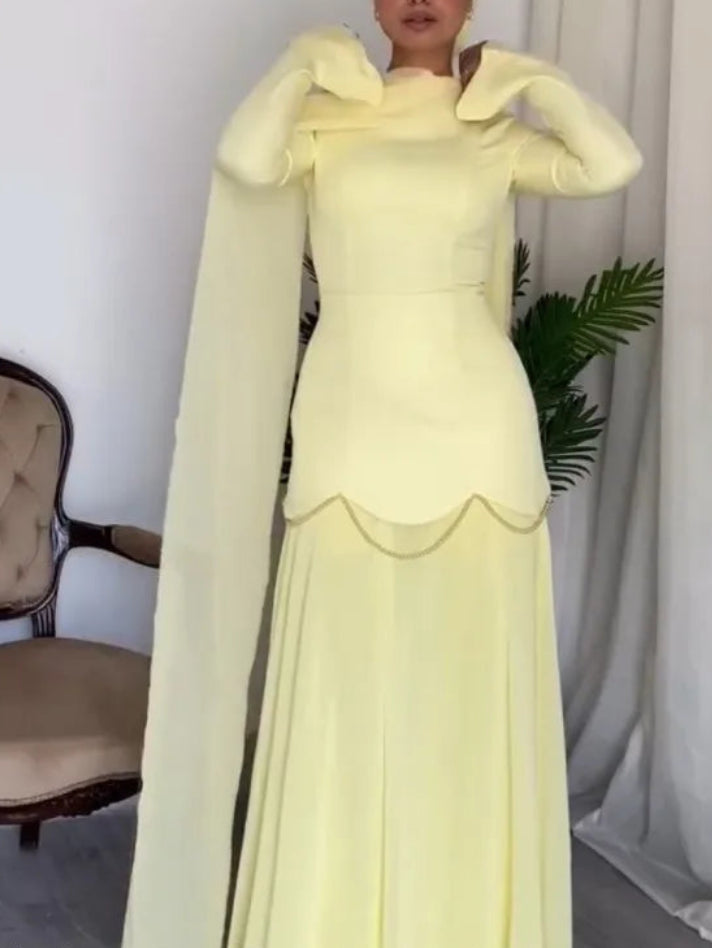 Women's Elegant Yellow Mixed-Media Prom Gown | Customized Satin Top & Chiffon Skirt Mermaid Evening Dress | Beaded Muslim Wedding Party Dress | Built-In Bra Floor-Length Illusion Vestido Model 2E25-6182 Luxegan