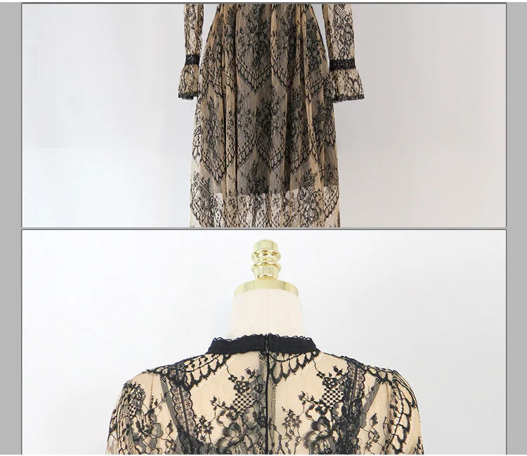 Patchwork Lace O-Neck Full-Length Sleeve Regular Fit A-Line Ankle-Length Dress – Slight Stretch Mesh-Lace, Natural Waist, Spring/Summer Luxegan