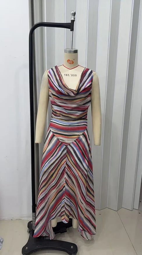 2026 Women Colorful Wavy Striped Maxi Dress Chic Swinging Collar Sleeveless Slim Waist Holiday Dresses Summer Lady Vacation Robe