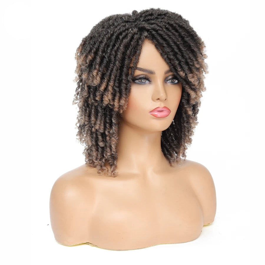 Short Afro Curly Faux Locs Wig | Twist Braids | Heat Resistant | Ombre Brown | Black Women