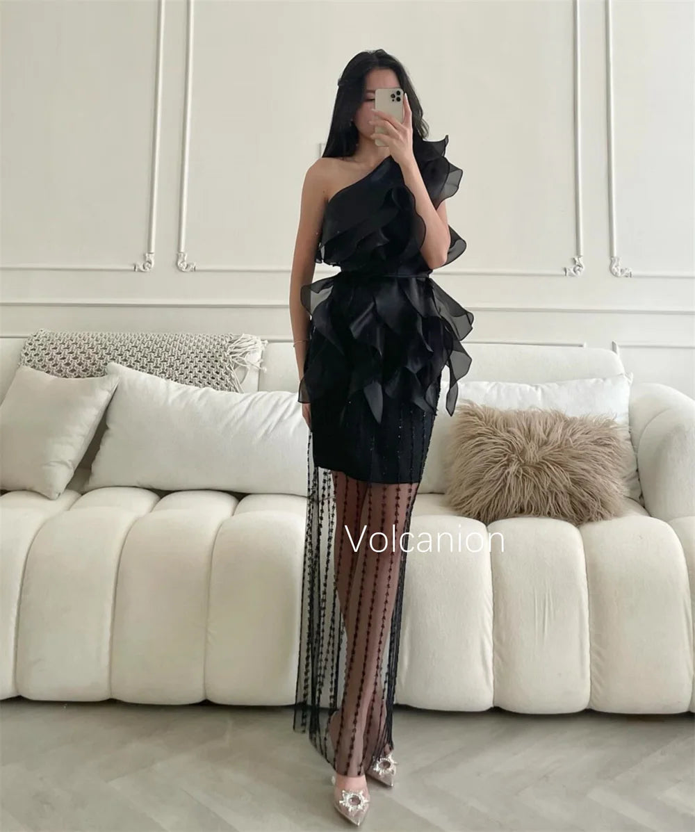 Ruffled One-Shoulder Sleeveless Straight Ankle-Length Cocktail Party Dress – Polyester Organza, Built-In Bra, Natural Waist Luxegan