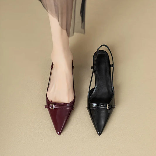 French Wine Red Pointed Sandals | Sophisticated Patent Leather Mid-Heels | Elegant "Summer Retro" Skinny Heel Pumps | "Dignified" Back Empty Mary Janes for Radiant Versatile Styling Luxegan