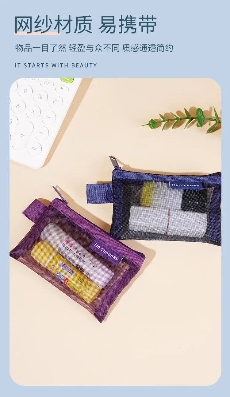 Pequeño Bolso Cuadrado de Color Sólido para Monedas, Organizador de Nylon de Malla para Pintalabios, Llaves, Auriculares, Tarjetero de Bus, Banco, Identificación, Tarjetas de Crédito, Estuche de Almacenamiento