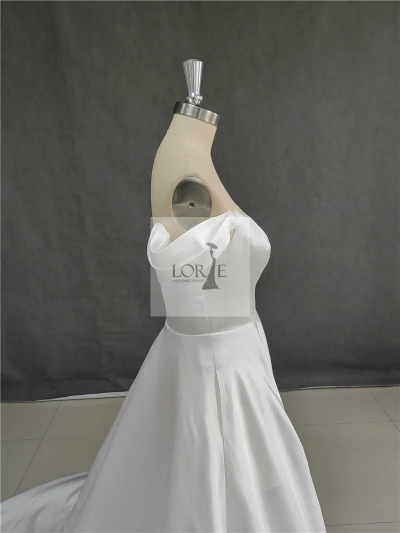 Classic Soft Satin A-Line Wedding Dress | Elegant Off-The-Shoulder Sleeveless Bridal Gown | Vintage Lace Applique Beaded Wedding Party Gown | Model 11DWYW2000051 Custom Floor-Length Court Train Dress Luxegan