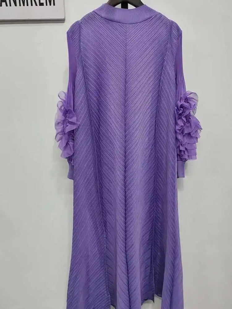 Pleated Lettuce Hem Maxi Dress | Turtleneck Full Sleeve Loose A-Line Casual Dress Luxegan