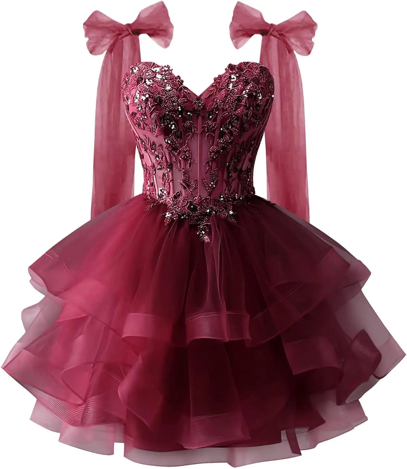 Tiered Tulle Homecoming Dresses Sparkly Lace Applique Bow Straps Short Prom Dress for Teens Cocktail Dress Graduation Dress
