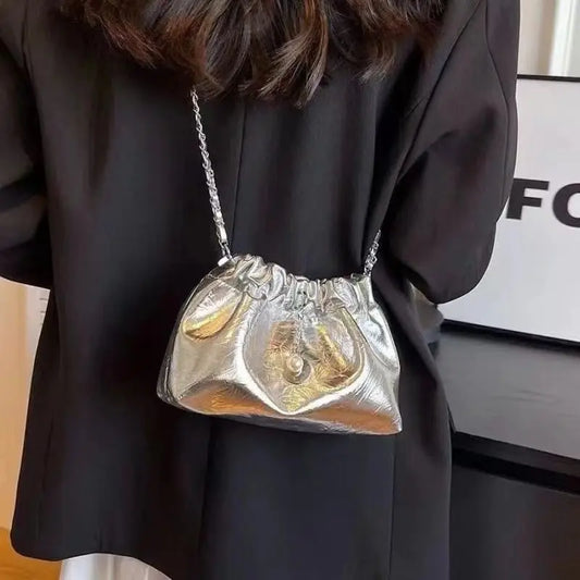 Summer Silver Folded Chain Bucket Bag | Women's Crossbody & Shoulder Bag Luxegan