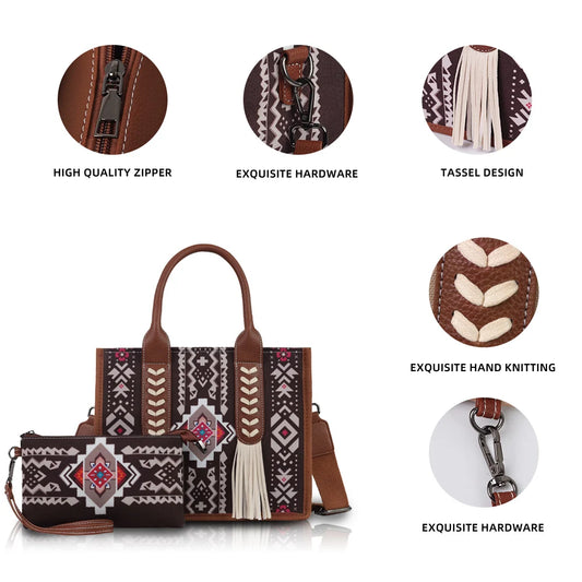 Ethnic Print Hand-Held Crossbody Bag Set | Sophisticated Tassel Decoration Shoulder Bag | Elegant Women’s Commuting Square Handbag | Luxury Polyester Multi-Piece Set with Matching Coin Purse Luxegan