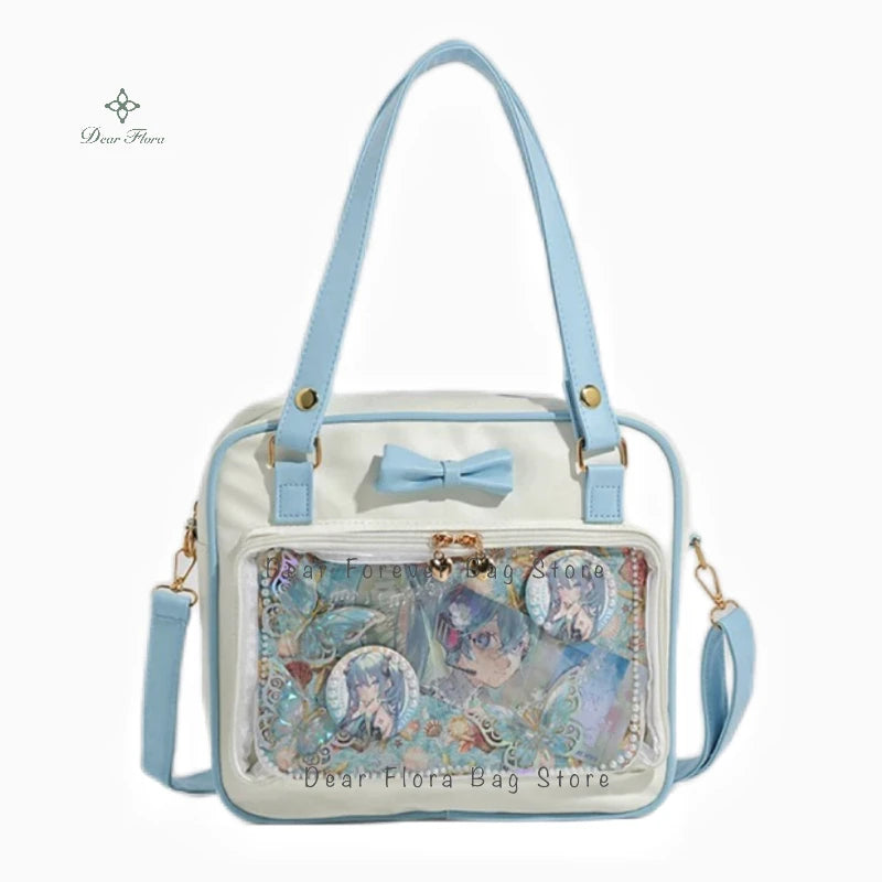 Y2K Cute Bow Ita Bag | Transparent DIY Messenger Bag for Girls | Fashionable Lolita Crossbody & Shoulder Bag | Clear Display Badge Tote for Anime Fans (Model 231) Luxegan