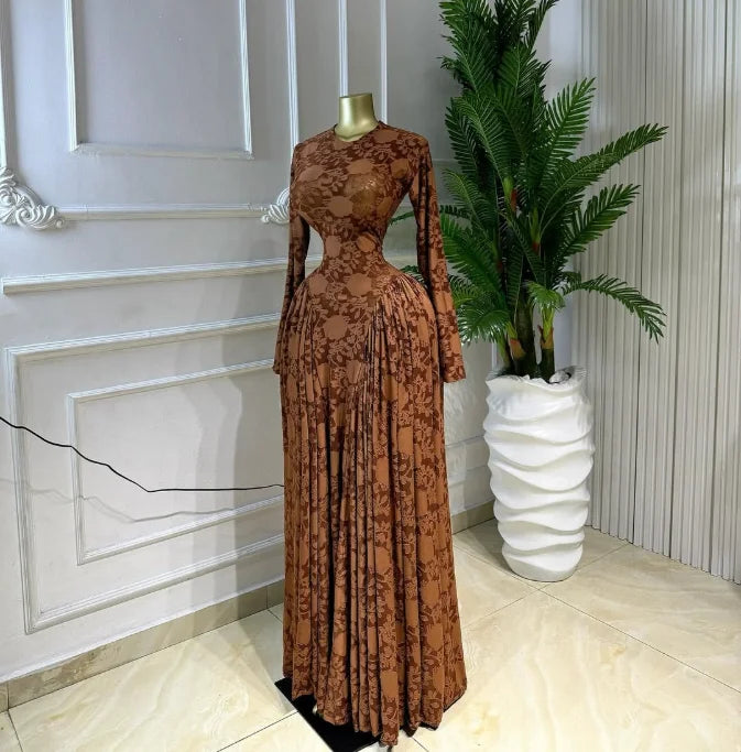 Floral O-Neck Full-Length Sleeve Mesh Pleated A-Line Floor-Length Dress – Empire Waist, Regular Fit, Spring/Summer Luxegan