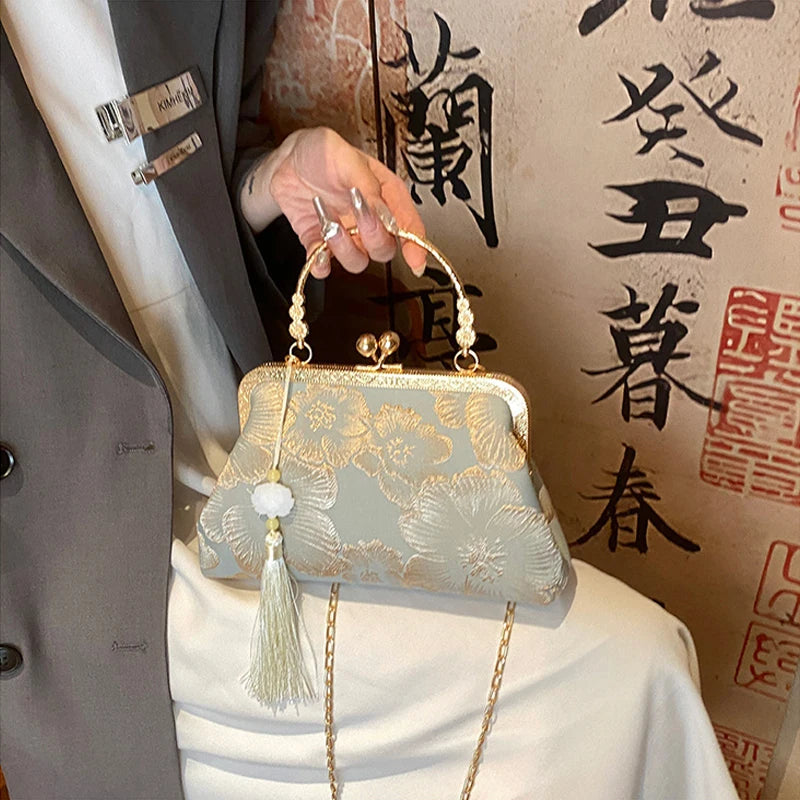Chinese Style Embroidered Shoulder Bag | Sophisticated Retro Small Square Handbag | Elegant Wedding & Party Evening Clutch | "Dignified" Shell-Shaped Luxury Designer Bag for Formal Styling Luxegan