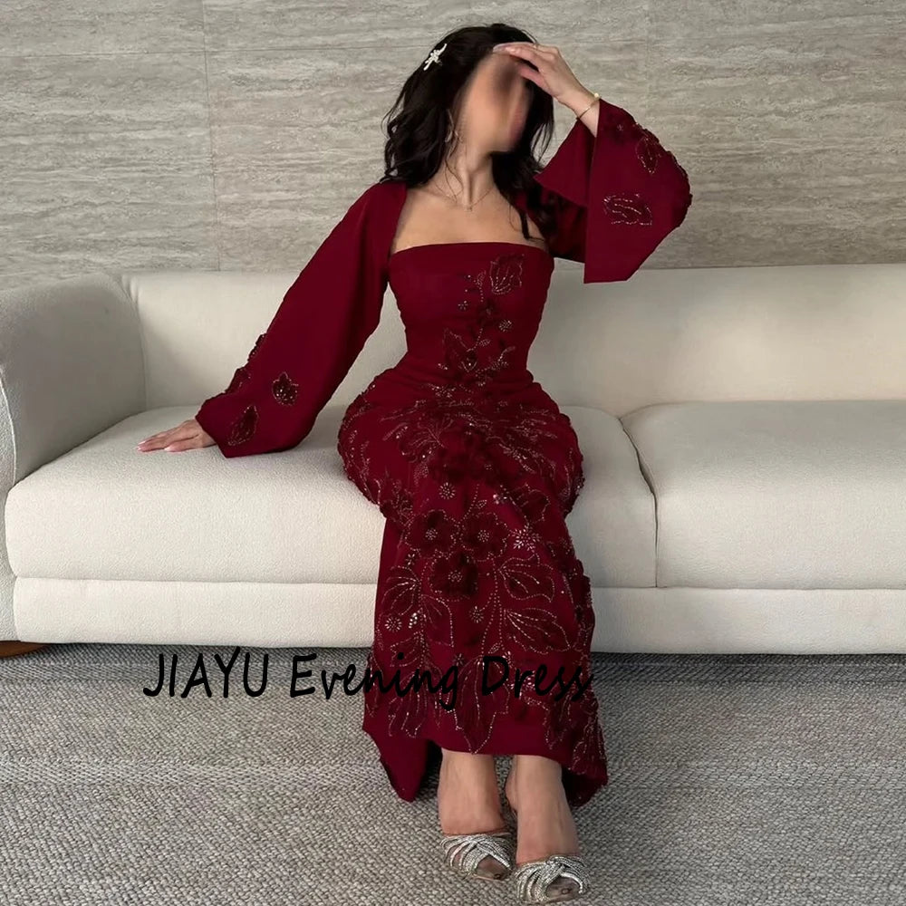 Customized Simple Burgundy Square Collar Straight Evening Dress Flower Appliques Floor Length Floor Length Party Prom Gowns