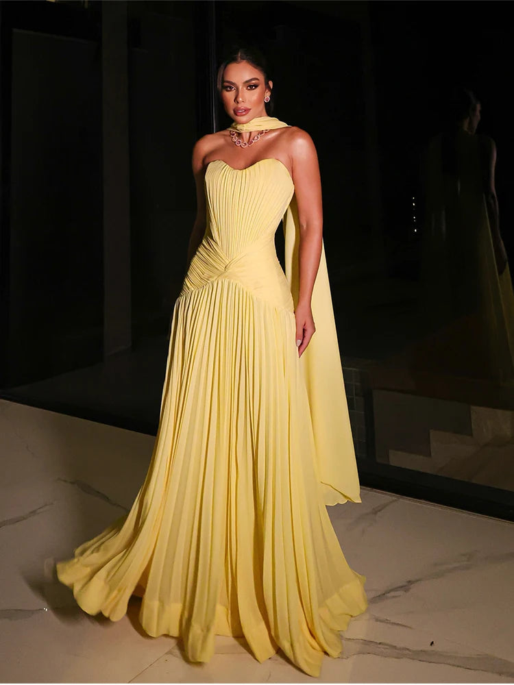 Women's A-Line Yellow Evening Dress | Elegant Pleated Formal Prom Gown | Classic Strapless Floor-Length Evening Dress | Premium Chiffon Sleeveless Custom Made Robe Model M2-250925-11 Luxegan