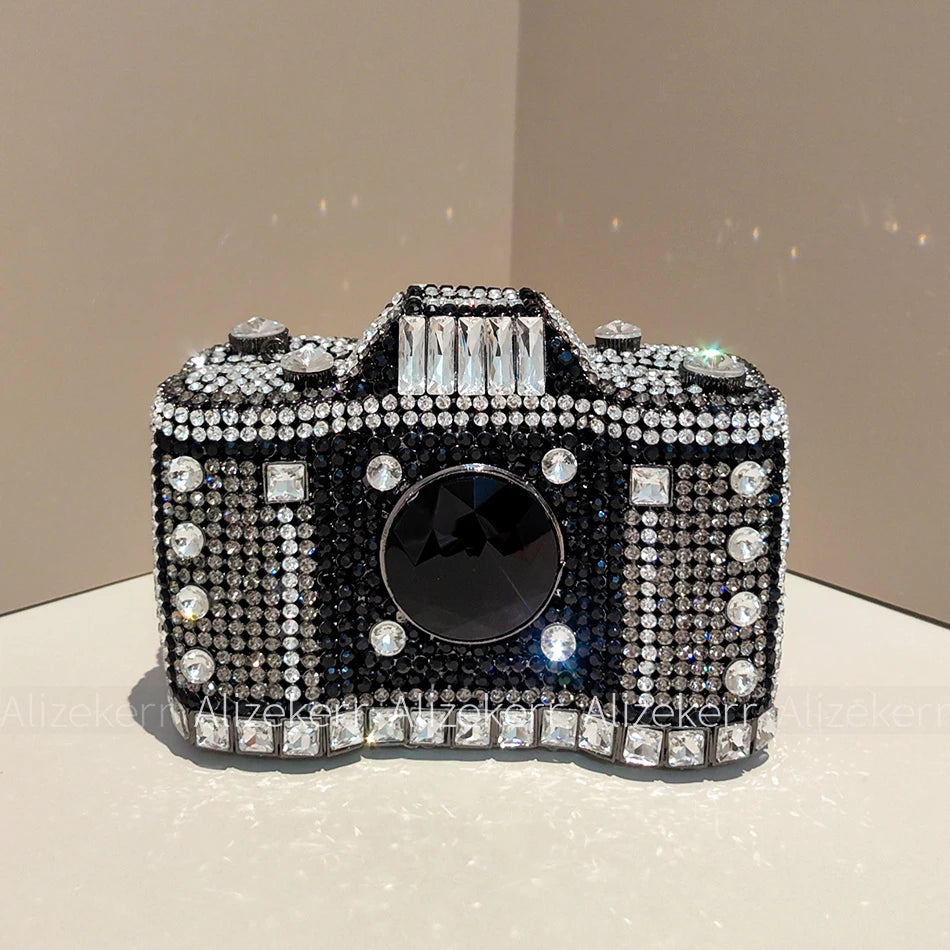 Camera-Shaped Boutique Evening Clutch | Sophisticated Novelty Metallic Rhinestone Purse | Elegant Diamond-Encrusted Bridal Handbag | "Dignified" Hard-Shell Dress Bag for Versatile Party Styling Luxegan