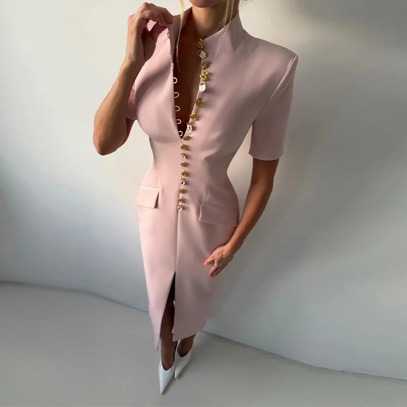 Elegant Solid Buttons Long Dress Women Waist Cinched Shoulder Pads High Collar Slit Dresses 2026 Spring Summer Lady Party Robes