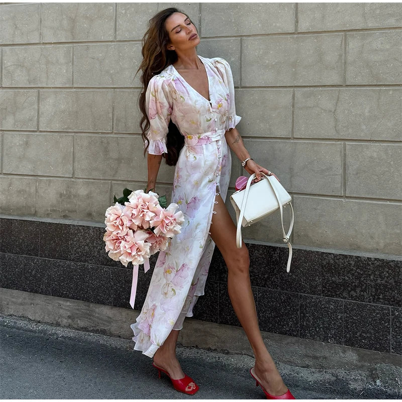 Fashion Women's Printed Ruffled Dress Elegant Short Sleeve Female V Neck Maxi Dresses 2026 Summer Elegant New Lady Vestidos
