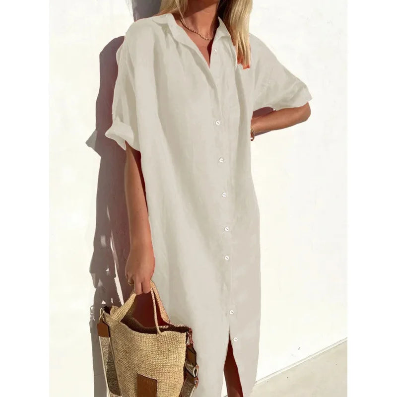 Women's Solid Short-Sleeve Summer Shirt Dress | Single-Breasted Button-Down Cardigan Maxi | Loose-Fit A-Line Mid-Calf Casual Vacation Skirt Luxegan