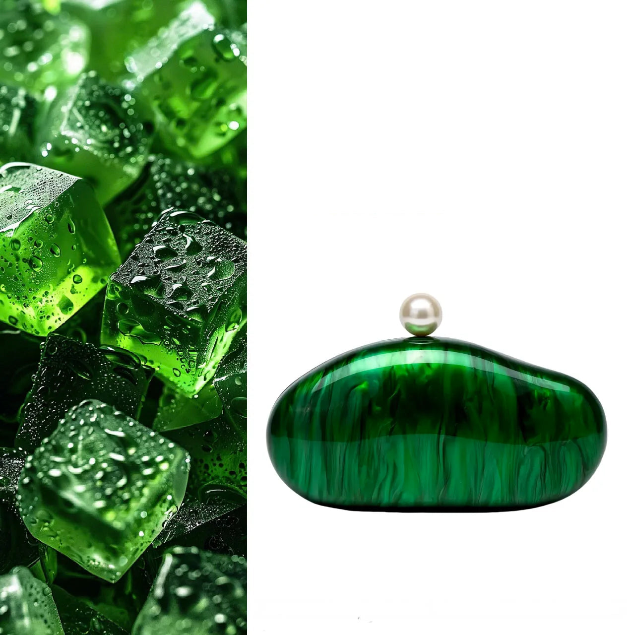 Acrylic Shell Minaudiere | Hard Marble Green Pearl Bridal Handbag Luxegan