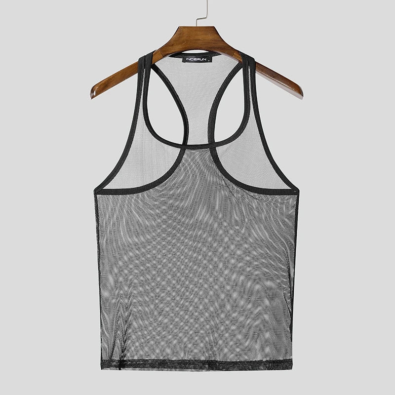American Style Fashion Men's Perspective Mesh Vest | Sophisticated "Sleeveless" Streetwear Silhouette | Elegant Thin Sexy Casual Tank Top | "Dignified" High-Performance Jersey Top for Radiant Versatile Styling Luxegan