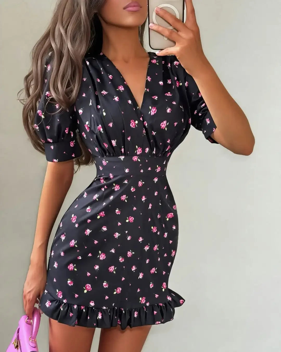 Print V-Neck Short Puff Sleeve Slim Fit Sheath Mini Dress – Natural Waist, Summer Luxegan