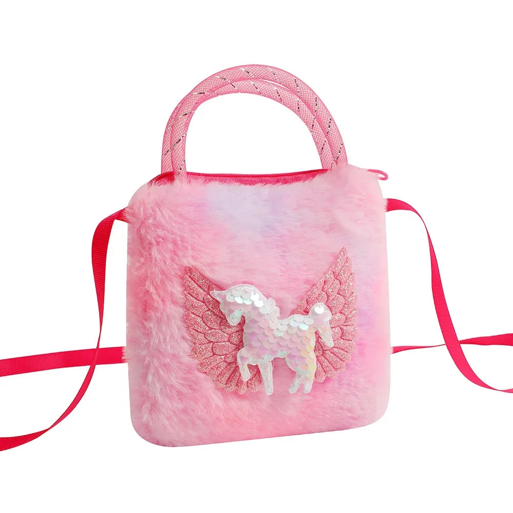 Children's Unicorn Cartoon Plush Shoulder Bag | Girls' Soft Suede Crossbody Purse | Kids' Mini Square Coin Wallet | Cute 13cm Unicorn School Messenger Bag Luxegan