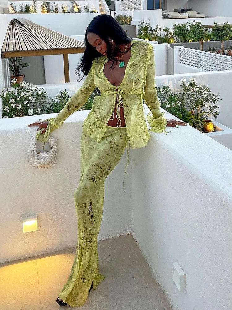 Y2K Print Mesh Long Sleeve Top & Bodycon Maxi Skirt Two-Piece Set | Sweetheart Ruffle Beach Club Outfit Luxegan