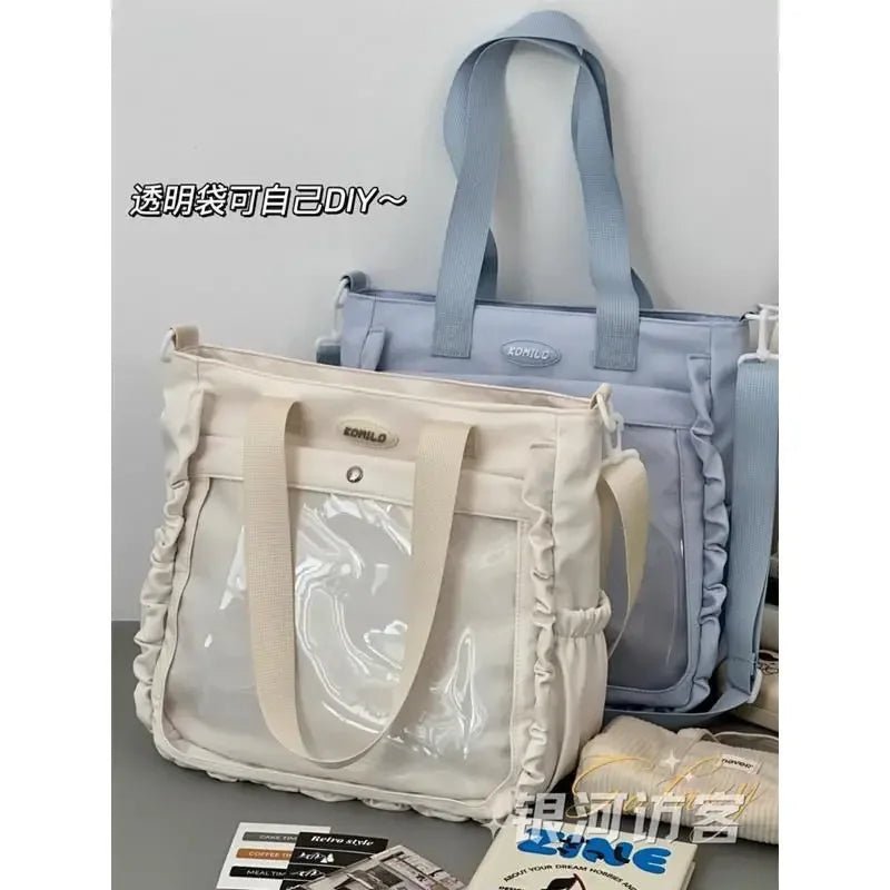 Cute Ulzzang Ita Bag | Large Capacity Nylon Tote Shoulder Bag | Japanese Harajuku College Crossbody with DIY Badges Display Plate Luxegan