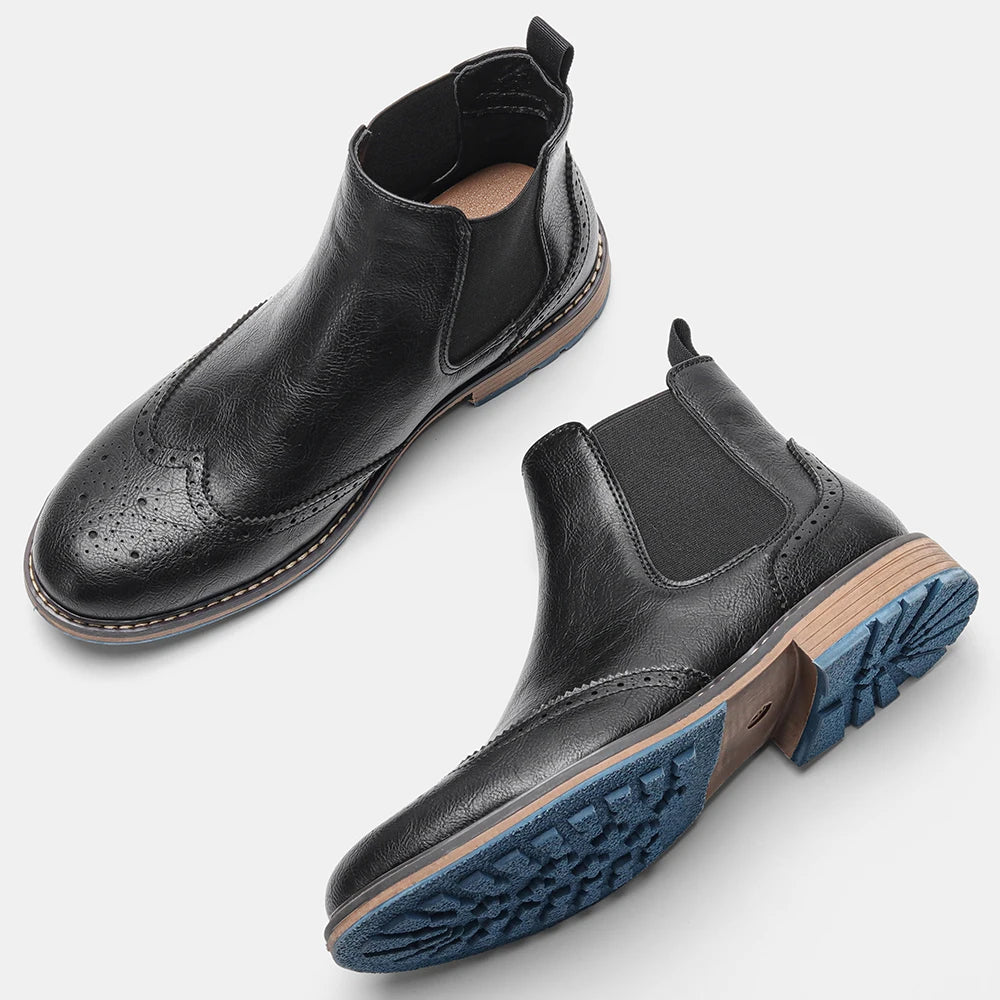 Brogue Chelsea Men's Boots | American Style Comfortable Fashion Leather Boots (Low Heel) Luxegan