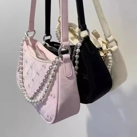 Women's Shoulder Bag | Elegant Cute Bow Pearl Chains & Embroidery Handbag (Casual Leather Korean Fashion Female Handbag) Luxegan
